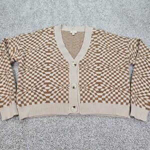 Debut‎ Women's Checkered Cropped Cardigan V Neck Knit Sweater  Tan Beige Medium